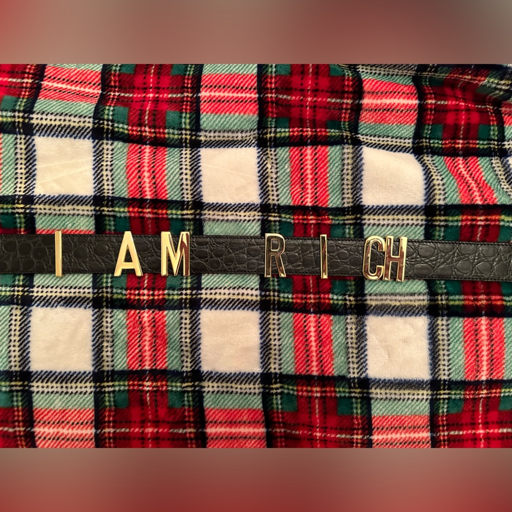 1990s Moschino Redwall Belt I Am Rich in Gold Letters on Gray Embossed Leather